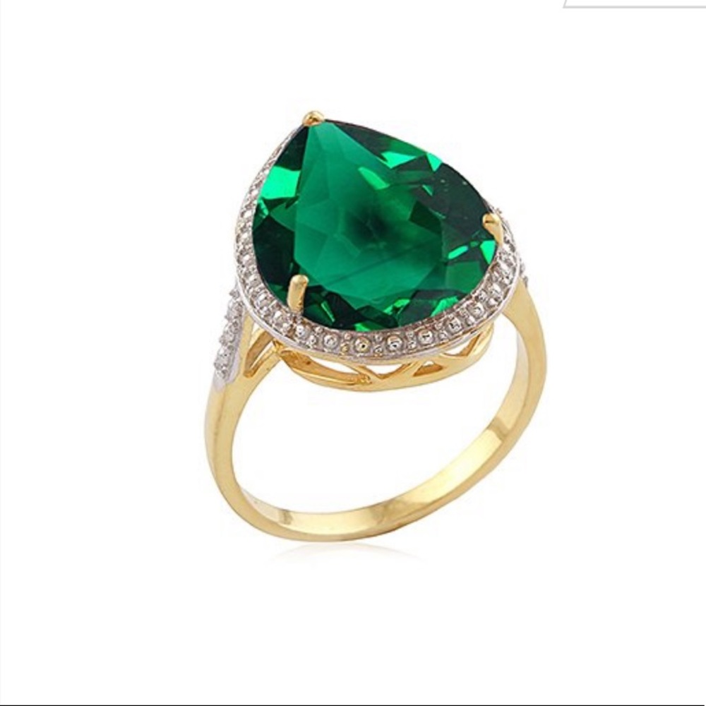 Lab created Emerald 18k gold plated teardrop ring